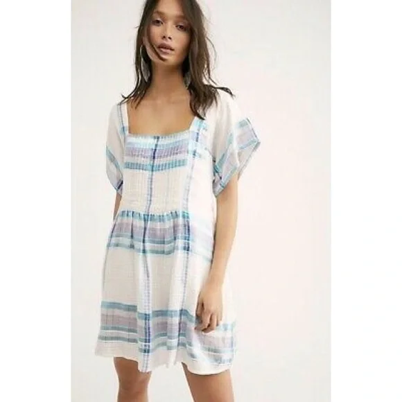 Free People Mini Dress White Blue Metallic Plaid S - Picture 1 of 13